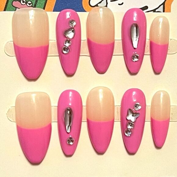 Pink French Tip Rhinestone Hand Made Press-On Nails Size S - Picture 1 of 4
